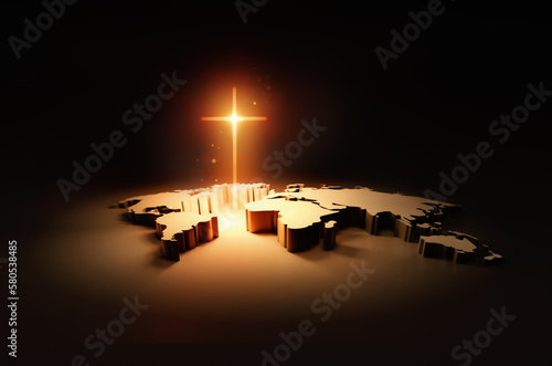 Red glowing holy cross of Jesus Christ and world map and global missions, gospel and evangelism concept
 photo