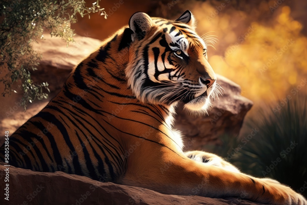 A tiger relaxes in the warm spring sun. Generative AI