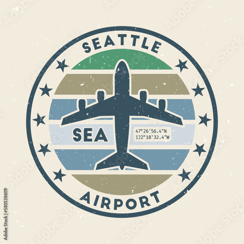 Seattle airport insignia. Round badge with vintage stripes, airplane shape, airport IATA code and GPS coordinates. Modern vector illustration.