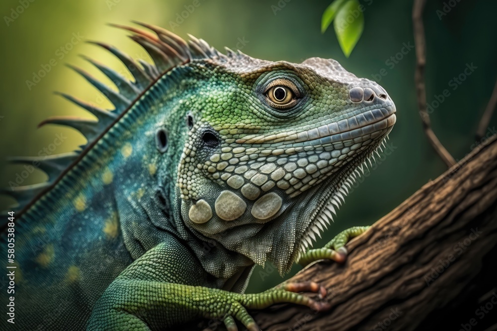 Close up portrait of a green iguana sitting on a branch. Generative AI