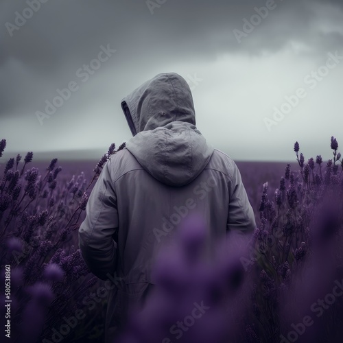 young girl strolling through a lavender field at sunset generative ai