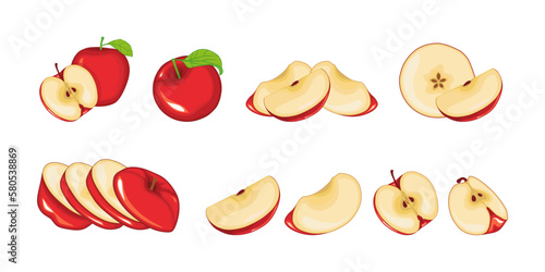 Fototapeta Naklejka Na Ścianę i Meble -  Set of Red apple with green leaf and half apple, fruit slices and pieces in cartoon style. Healthy vegetarian snack food fruit, vector illustration