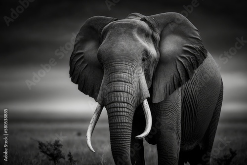 Dramatic black and white portrait of a very old elephant in Tanzania, Africa Serengeti. Generative AI