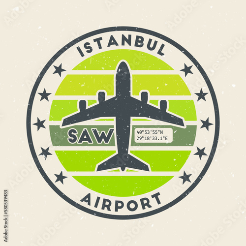 Istanbul airport insignia. Round badge with vintage stripes, airplane shape, airport IATA code and GPS coordinates. Elegant vector illustration. photo