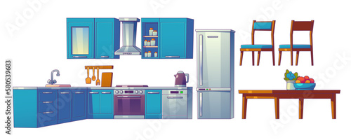 Kitchen room cartoon vector interior set with table and fridge. Isolated home dining furniture illustration on white background. Modern flat design with blue cupboard and cooking appliance kit.