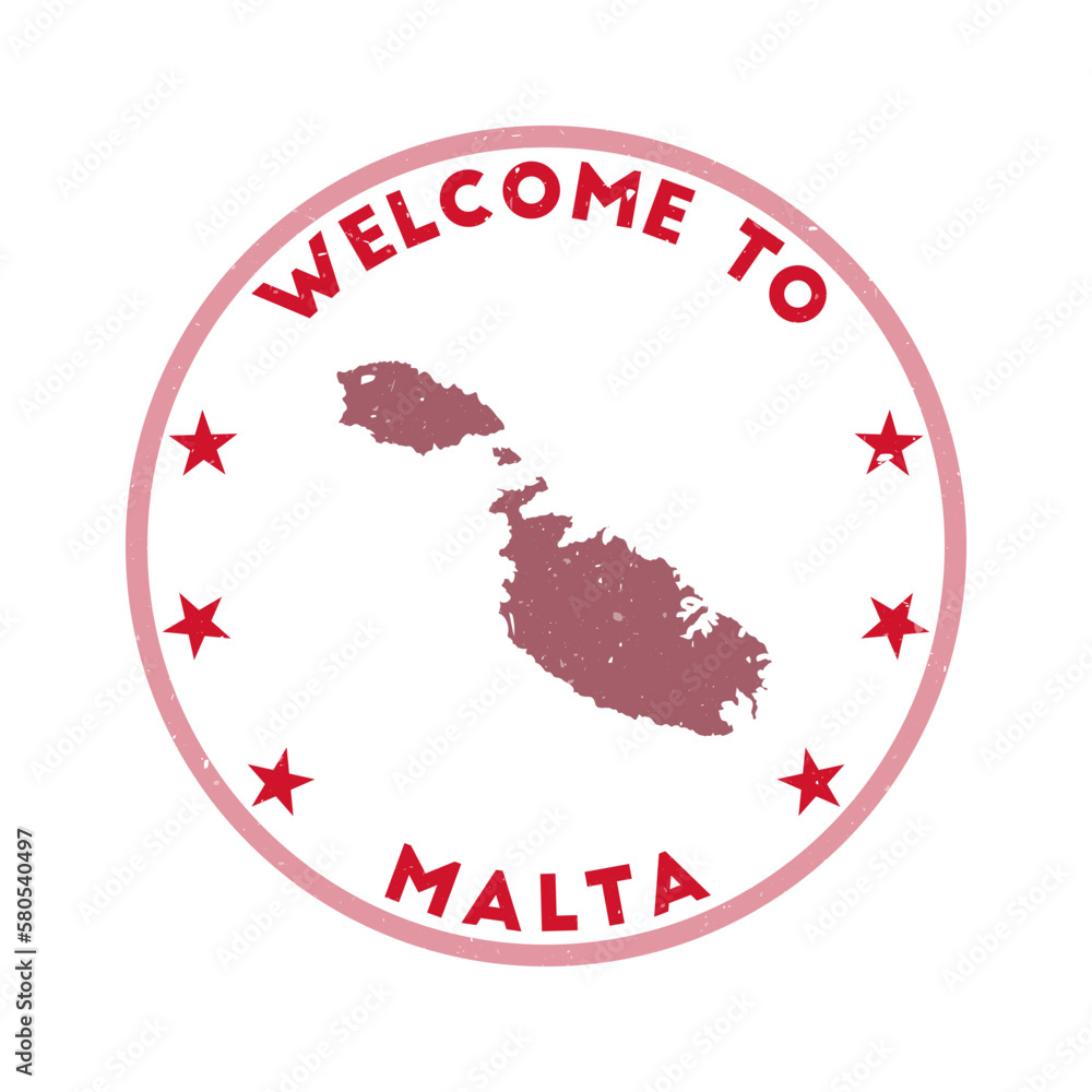 Welcome to Malta stamp. Grunge island round stamp with texture in Splatter Movie color theme. Vintage style geometric Malta seal. Charming vector illustration. Welcome to Malta stamp. Grunge island round stamp with texture in Splatter Movie color theme. Vintage style geometric Malta seal. Charming vector illustration.