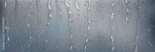 Realistic rain shower drops down vector background. 3d water flow on window glass pattern. Raindrop stream on waterproof surface effect illustration template. Moisture streaks clear aqua backdrop.