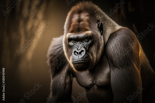 Silverback male gorilla portrait on a light brown blur background. The great ape, the most dangerous and largest monkey in the world, has a serious look on its face. Chief of a family of gorillas