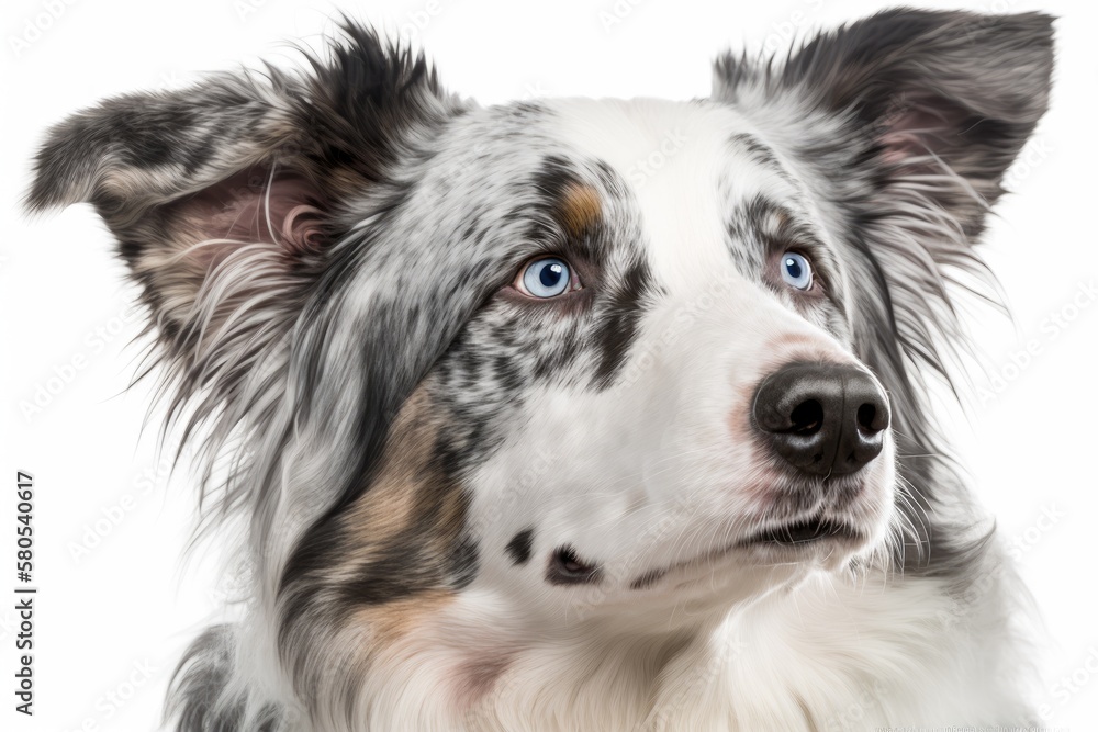 A head shot of a Bleu merle border collie, set against a white background. Generative AI A head shot of a Bleu merle border collie, set against a white background. Generative AI