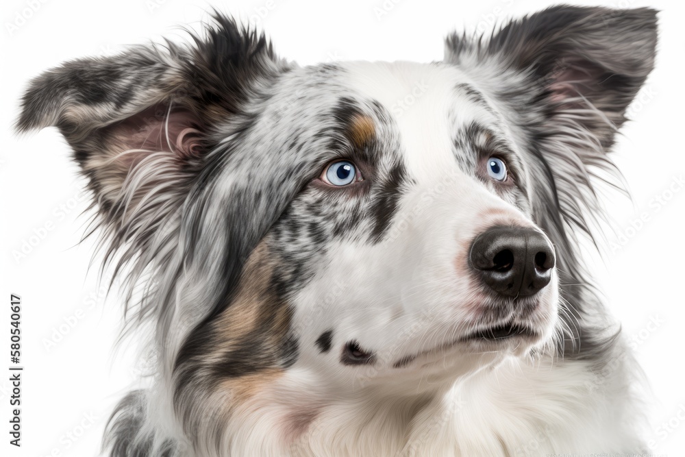 A head shot of a Bleu merle border collie, set against a white background. Generative AI