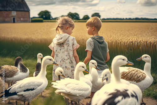Children boys and girls walk with a flock of geese across the field. The concept of a happy childhood in the village rural animals. Generative AI