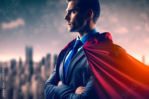 Successful businessman savior in business suit with a superhero red cape stands proudly against the backdrop of the skyscrapers of the business district of metropolis. Generative AI