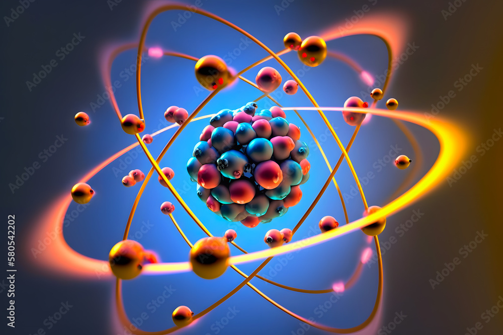 Enlarged model of an atom with a nucleus of protons, neutrons and
