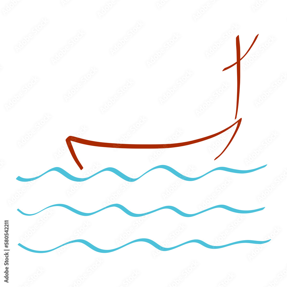 brown boat with cross floats on blue waves, christian symbol brown boat with cross floats on blue waves, christian symbol