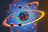 Enlarged model of an atom with a nucleus of protons, neutrons and electrons orbiting around. Generative AI
