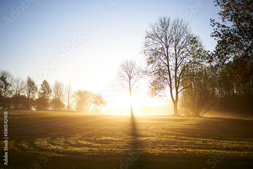 Scenic view of golf course against clear sky during sunrise