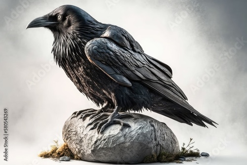 On a white background is a black raven. A black raven is sitting on a stone. Generative AI