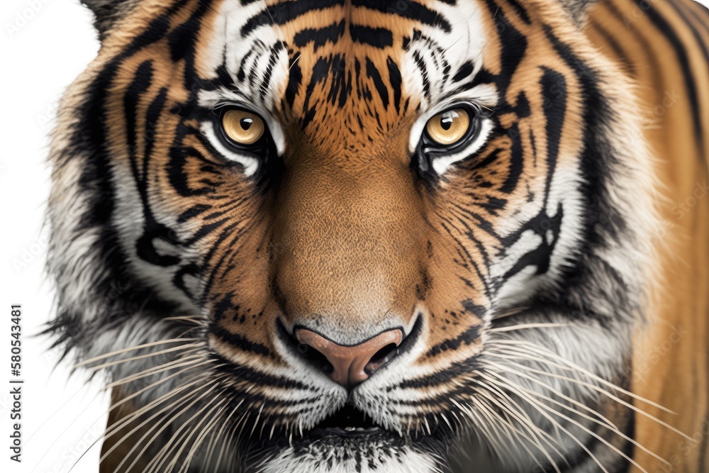Fototapeta premium Close up of the head of a staring tiger, isolated on white. Generative AI