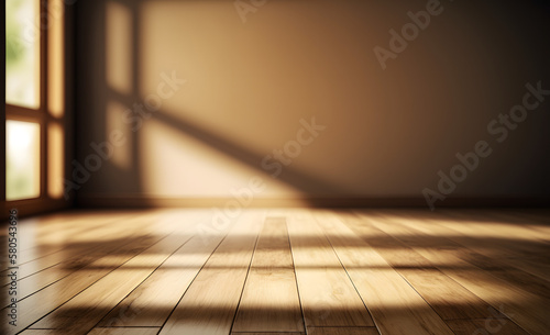 Empty room with wooden floor, beige wall background, light coming through window with shadow for copy space, design, product showcase © KP Designs