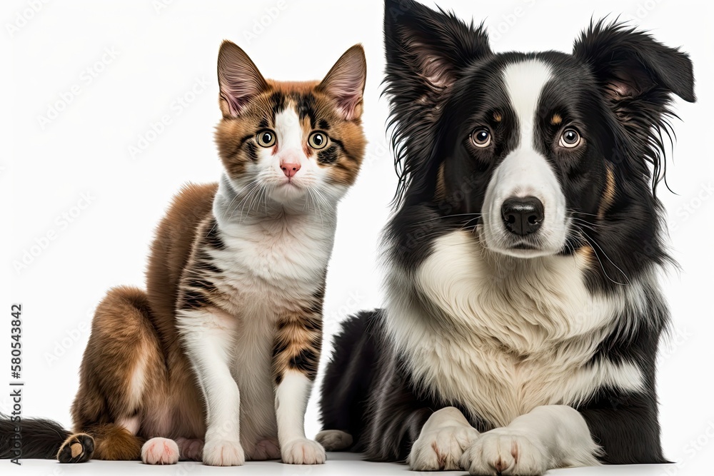 Border collie dog and kitten both look at camera while sitting together. stand out against a white background. Generative AI