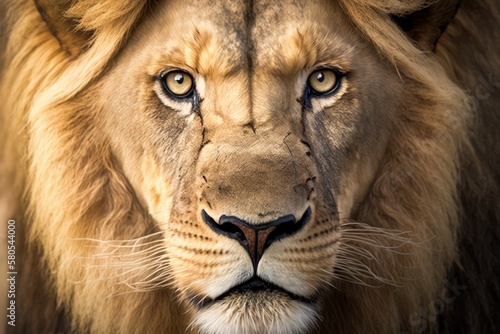 Close up of a 10 year old lion, Panthera Leo, looking straight at the camera. Generative AI