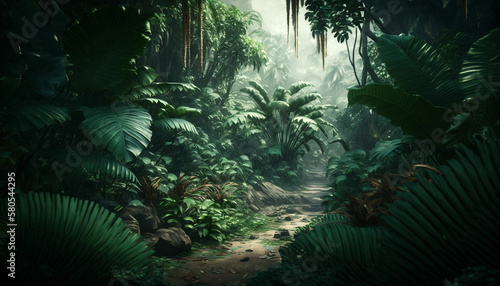 A lush tropical rainforest, with towering trees and thick foliage. The atmosphere is humid, with a sense of mystery and adventure.