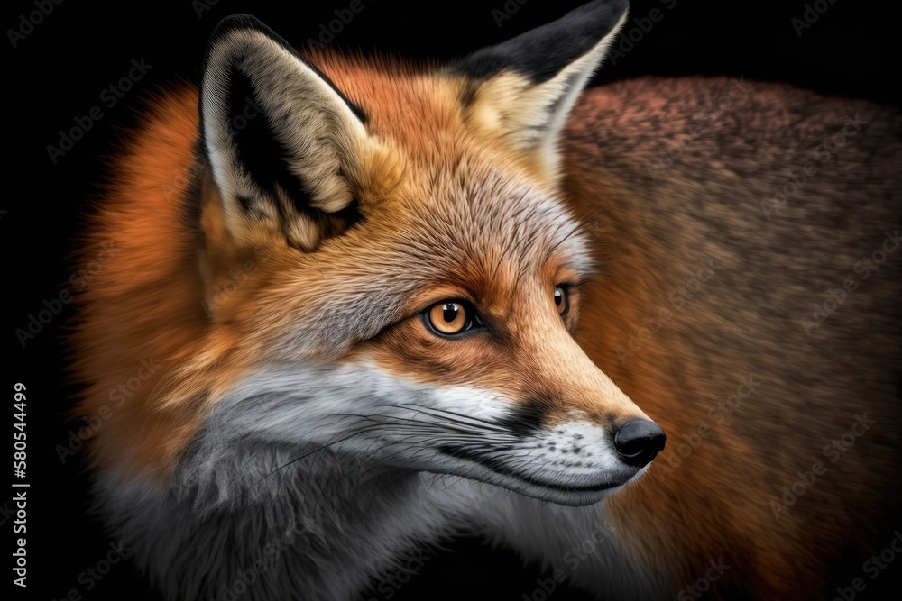 Close up picture of a red fox on a dark background. Generative AI