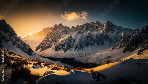 A majestic mountain range covered in snow, with sharp peaks and deep valleys, capturing the early morning light as the sun rises over the horizon. The sky is clear with a few scattered clouds.