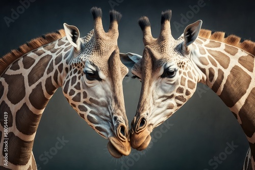 Two giraffes with their necks tied together. Generative AI © AkuAku
