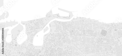 White and light grey Sharjah city area vector background map, streets and water cartography illustration.