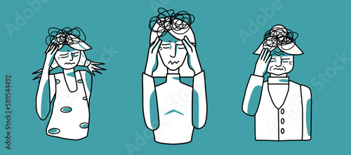 Stressed female set. Young, adult and old women suffer with stress, emotion of anxiety, cover head with hands. Mint and white, line art drawing human characters.