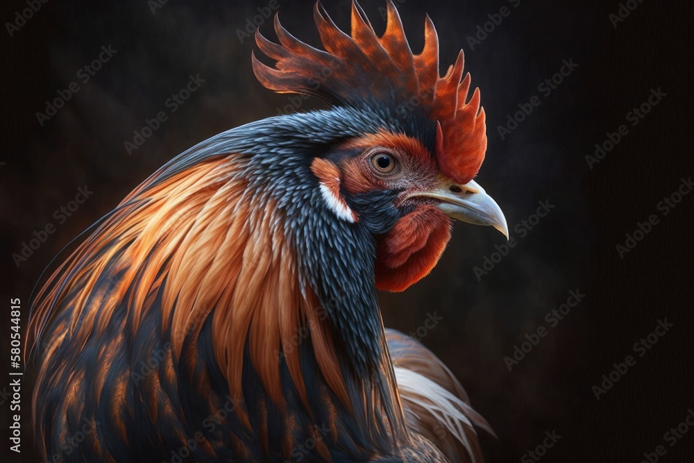 Beautiful picture of a rooster with orange feathers. Generative AI
