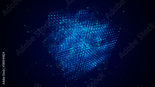 Futuristic cube with connected particles in cyberspace. Technology blockchain concept. Big data flow connections. Visualization of the dynamic flow of the cryptocurrency industry. 3D rendering.
