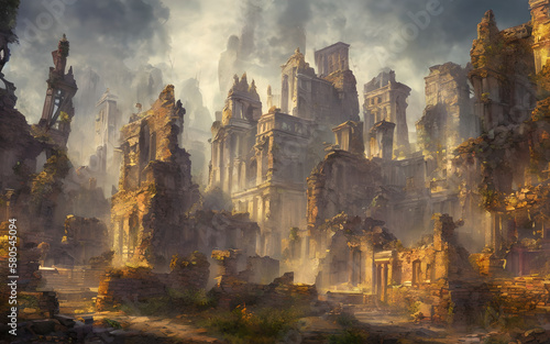 Fictional ruins of an old fantasy city. Generative AI creation. © MoonDigger