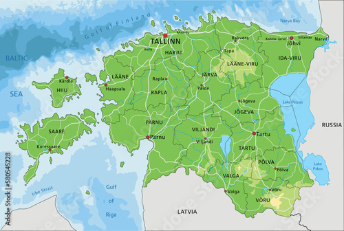 Highly detailed Estonia physical map with labeling.