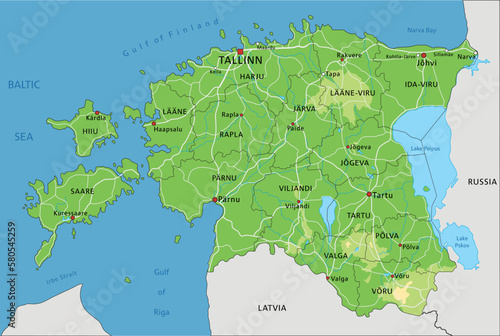 Highly detailed Estonia physical map with labeling.