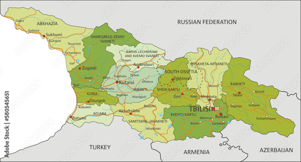 Fototapeta premium Highly detailed editable political map with separated layers. Georgia.