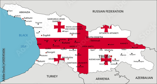 Georgia highly detailed political map with national flag isolated on white background.