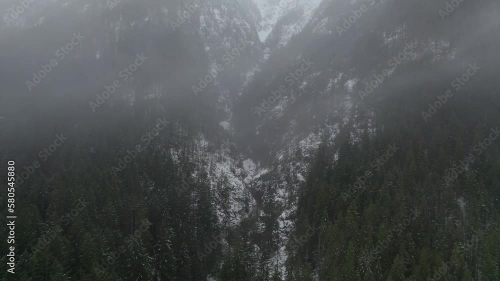 Drone flying over the wooded area of the Washington mountains with the mist covering the view of the green trees, without people Drone flying over the wooded area of the Washington mountains with the mist covering the view of the green trees, without people