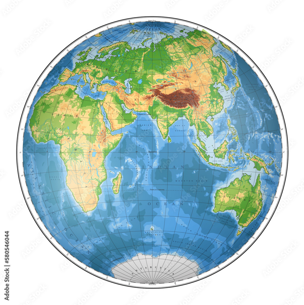 Highly detailed physical World Map in globe shape of Earth. Nicolosi globular projection – 3D. Highly detailed physical World Map in globe shape of Earth. Nicolosi globular projection – 3D.