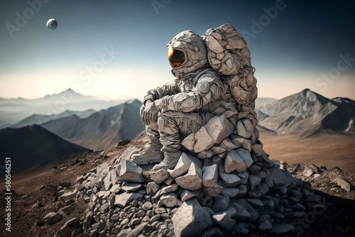 astronaut made of stones in the mountains. Generative AI 