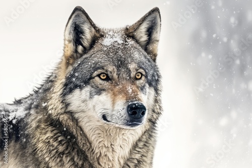 A picture of a gray wolf with snowflakes on its fur  set against a white background. Generative AI