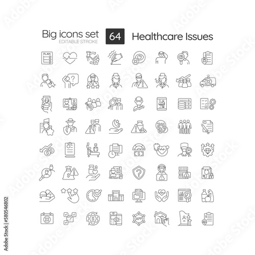 Healthcare issues linear icons set. Medical error and negligence. Healthcare clinic. Treatment challenge. Customizable thin line symbols. Isolated vector outline illustrations. Editable stroke