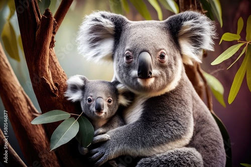 Australian koala bear with her baby or joey in a eucalyptus or gum tree in Sydney, NSW, Australia. A strange, well known Australian animal with its baby in a lush jungle rainforest. Generative AI photo