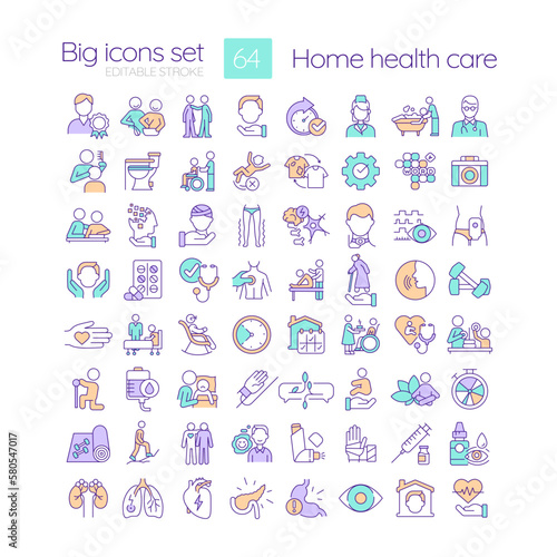 Fototapeta Naklejka Na Ścianę i Meble -  Home health care RGB color icons set. Medical services. Nursing and assistance for ill patients. Isolated vector illustrations. Simple filled line drawings collection. Editable stroke