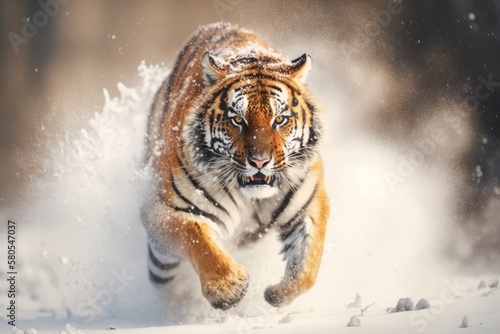 Tiger running in the snow in the wild during the winter. Wild animal scene with action and a dangerous animal. It was a cold winter in Russia's Taiga. Panthera tigris altaica, a beautiful Siberian tig