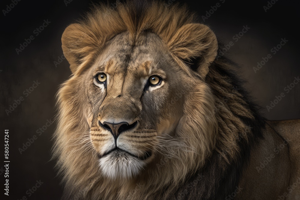 Portrait of a young lion taken up close; panthera leo. Generative AI