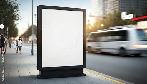 ﻿An empty white poster on a busy city street, as a mock up for an advertising billboard. AI Generation