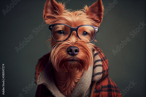 Funny dog in hipster wear. Ireland terrier looks at copy space, winter accessories or seasonal concept