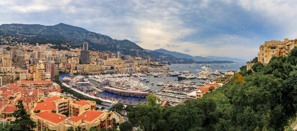 Panorama of the skyline and Monte Carlo Harbor with luxury yachts in Monaco